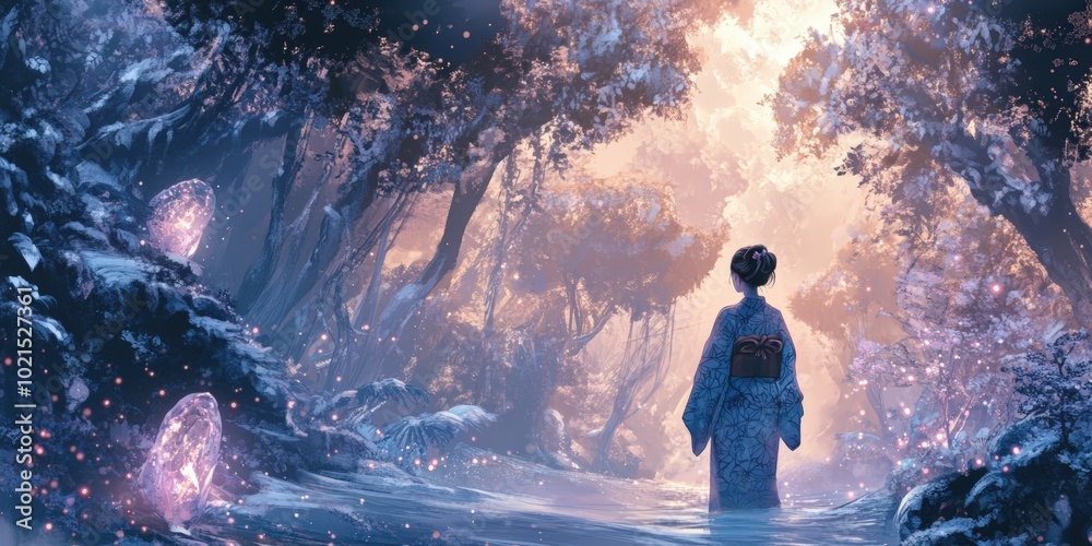 Woman in kimono walks through magical forest. Woman in kimono walks through magical forest.