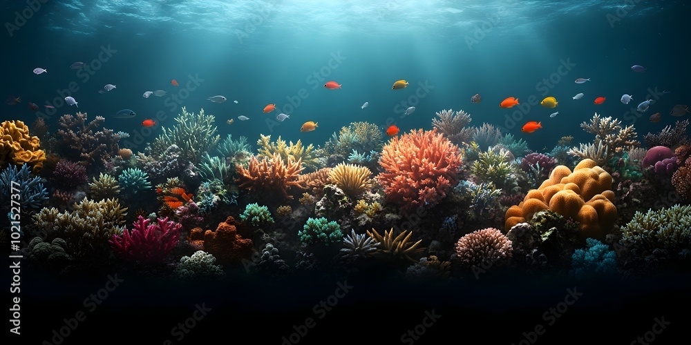 Fototapeta premium Ethereal Underwater Coral Reef Sanctuary Teeming with Vibrant Marine Life A Serene Cinematic of a Lush Thriving Aquatic Ecosystem