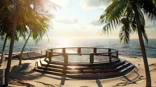  MMA arena on the fight island. Octagon on the sand. Palm trees, sun, sand. New MMA location. Sport. 3D illustration MMA octagon