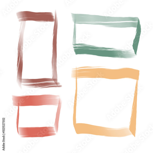 Set of four grunge frames in pastel colors. Abstract square and rectangular watercolor brush stroke borders on transparent background.