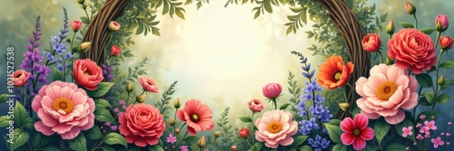 Wallpaper Mural A vibrant floral frame featuring a variety of blossoms, perfect for invitations, greeting cards, or nature themed designs. Torontodigital.ca