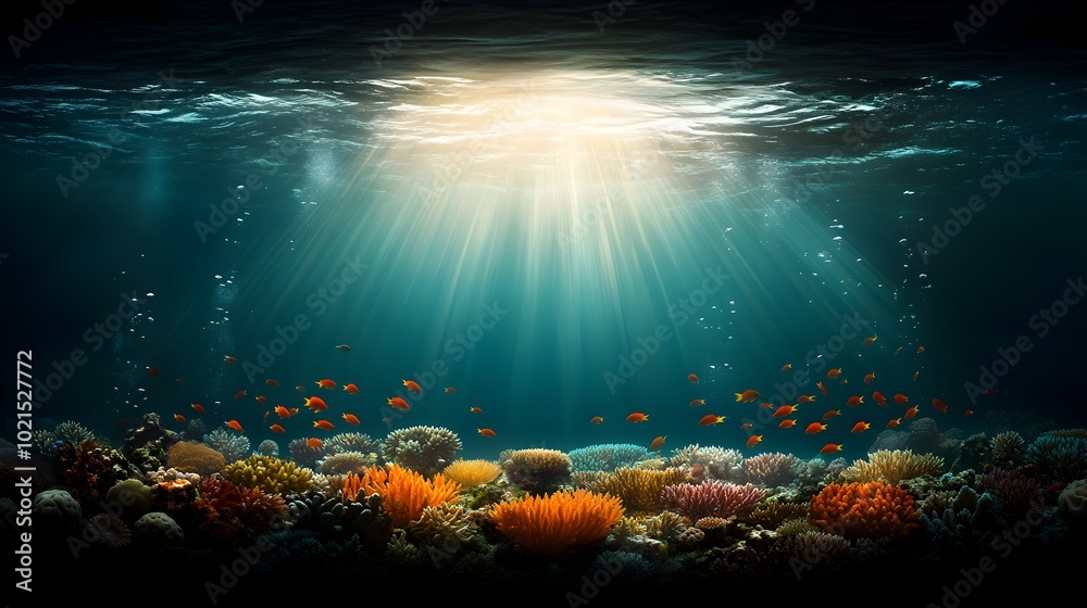 Fototapeta premium Mesmerizing and ethereal underwater seascape featuring a serene and dreamlike ambiance colorful coral formations shimmering schools of tropical fish