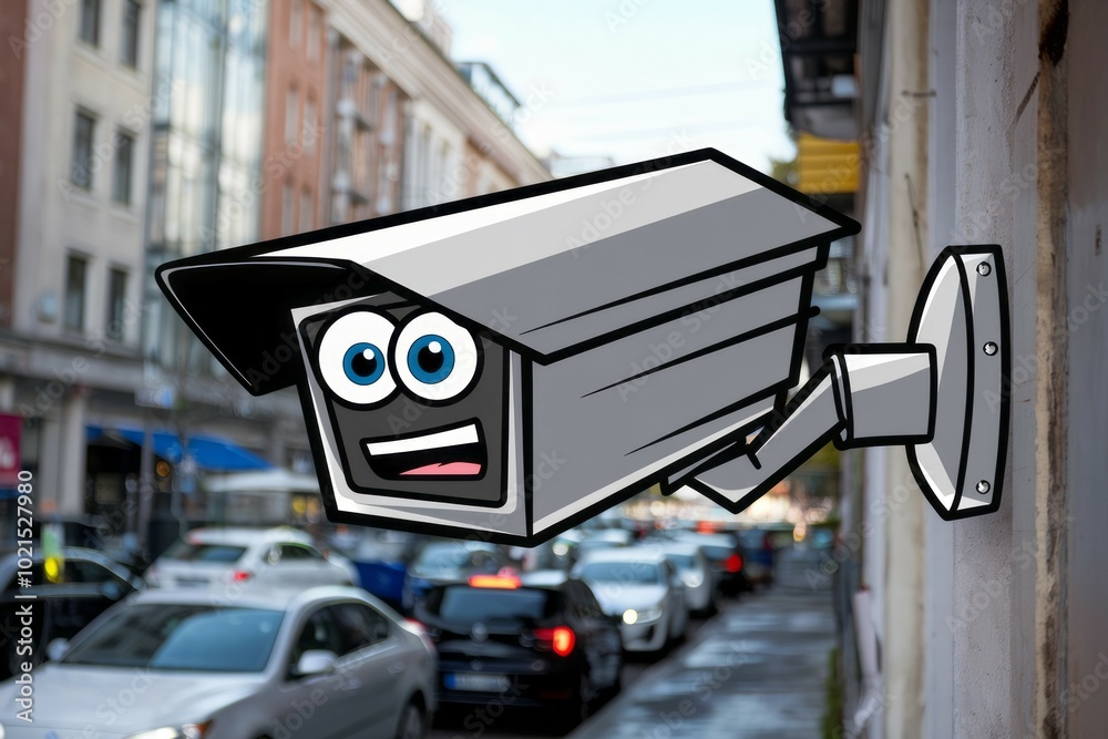 Happy security camera. A smiling security camera watching over a busy city street. Represents security and peace of mind. Happy security camera. A smiling security camera watching over a busy city street. Represents security and peace of mind.