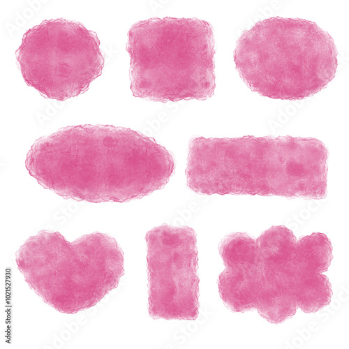 Collection of pink watercolor paint brush strokes and shapes on transparent background for design element and splash.