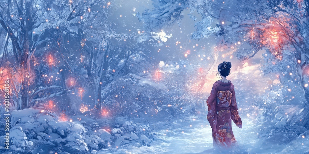 Woman in kimono stands in snowy forest. Woman in kimono stands in snowy forest.