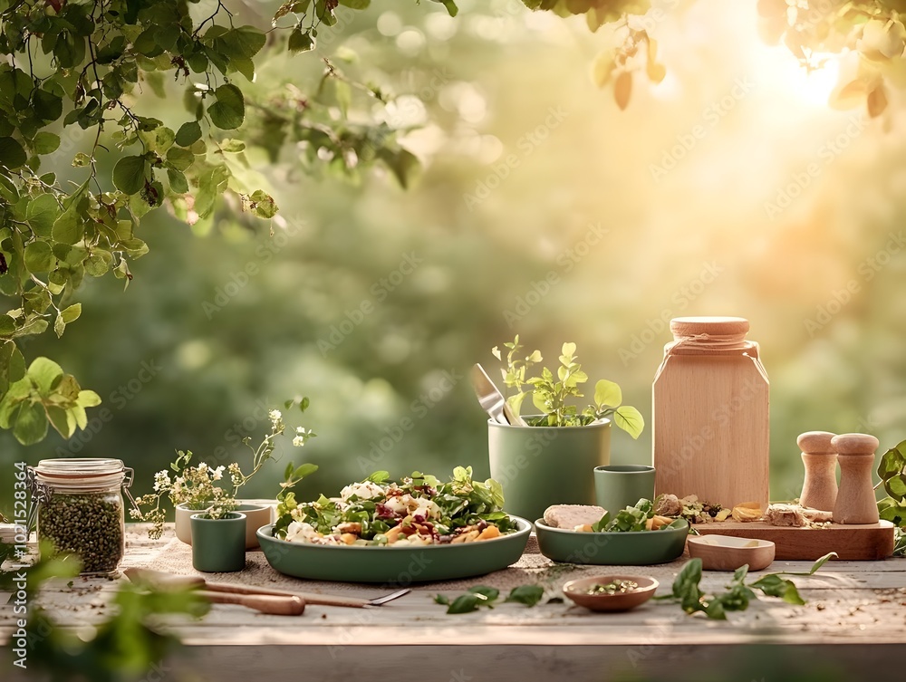 Joyful vegan companions sharing a plant based organic meal outdoors in a serene park setting surrounded by verdant foliage and eco friendly dinnerware Joyful vegan companions sharing a plant based organic meal outdoors in a serene park setting surrounded by verdant foliage and eco friendly dinnerware