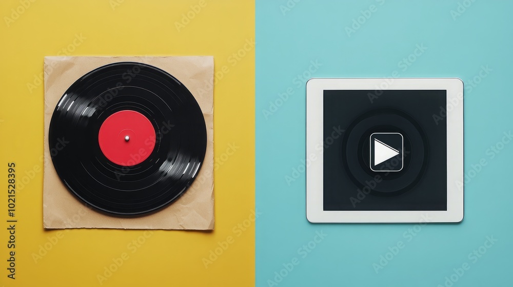 Fototapeta premium A vinyl record and a tablet computer side by side, representing old and new ways to listen to music. old vs new generation
