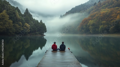 Cinematic Friendship: Serene Jetty Moment at Valdemurio Reservoir photo