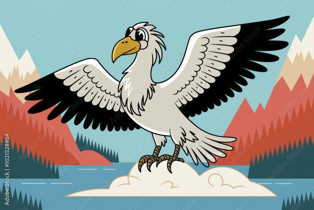 Fototapeta premium Cartoon bird mountain peak. Cartoon bird with outstretched wings perched atop a mountain peak, symbolizing freedom and soaring above challenges.