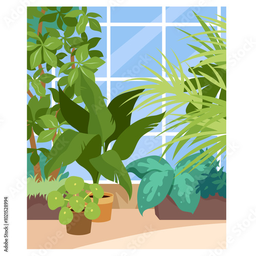 Botanical garden interior, greenhouse with big green leaves of decorative tropical plants growing at glass wall. Natural exotic cultivated foliage growth inside glasshouse cartoon vector illustration