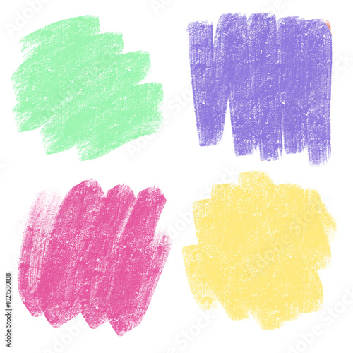 Four abstract colorful crayon or pastel chalk strokes element brush on transparent background. Set of artistic hand drawn texture.