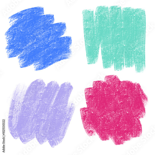 Four oil pastel crayon strokes or smudges in blue, turquoise, purple, and red in doodle style on transparent background.