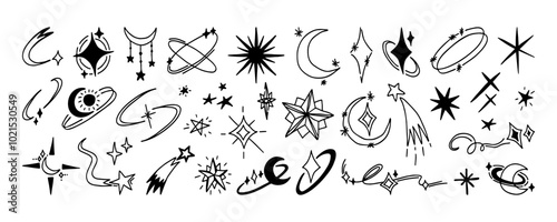 Set hand drawn sparkles and stars elements. Black little aesthetic star and sparkle, isolated on white background. Cute star silhouette for decorating invitations and cards, festive handdrawn sparkle.