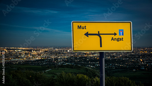 Fotografie Signposts the direct way to Courage versus Fear