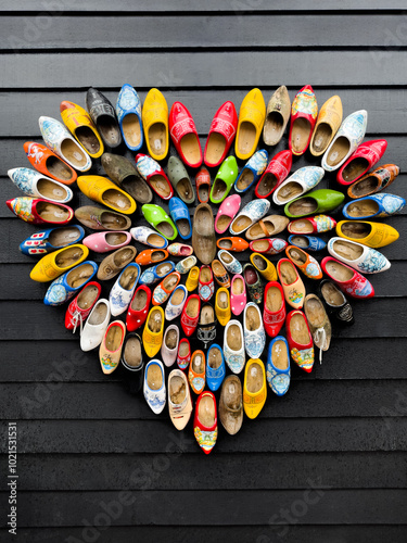 Multicolored traditional Dutch wooden Clogs on wooden wall at Zaanse Schans, Zaandam, Netherlands photo