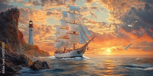 Sailing ship at sunset near a lighthouse.