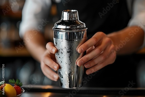 Bartender shaking a sleek cocktail shaker with intent focus, demonstrating mastery and passion in the art of mixology, ready to serve a perfectly blended drink. See Less