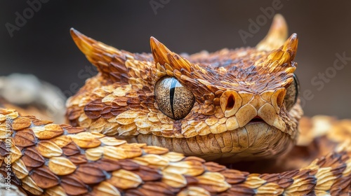 Close-up of a horned viper triangular head and venomous fangs, coiled and ready to attack. photo