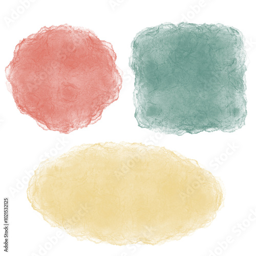 Three watercolor elements, a circle, a rectangle, and an oval, in pink, green, and yellow, on transparent background.