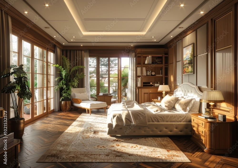 Fototapeta premium Elegant Luxury Bedroom with Exquisite Woodwork