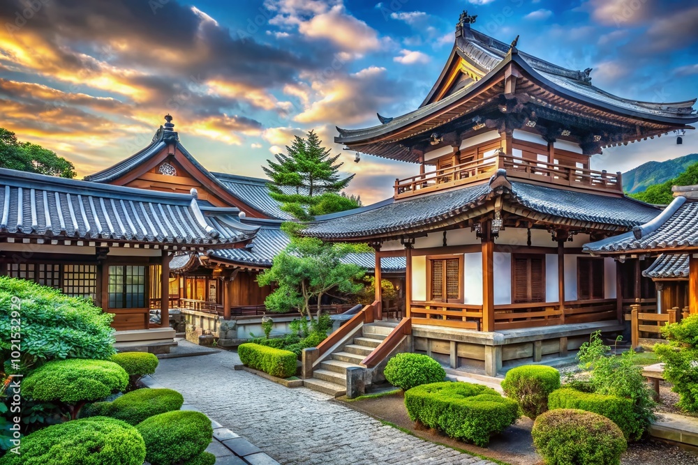 Serene Traditional Japanese Architecture Showcasing Wooden Structures and Intricate Roof Designs Serene Traditional Japanese Architecture Showcasing Wooden Structures and Intricate Roof Designs
