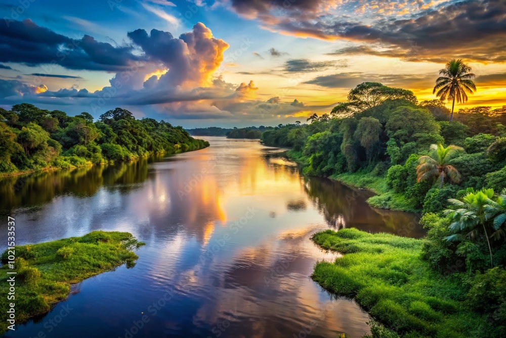 Serene View of the Mouth of the Amazon River with Lush Greenery and Flowing Waters at Dusk Serene View of the Mouth of the Amazon River with Lush Greenery and Flowing Waters at Dusk