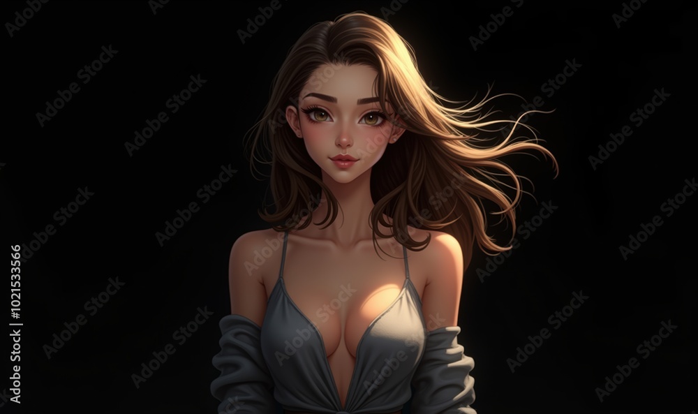 Naklejka premium A stunning digital portrait of a young woman with flowing hair, embodying beauty and confidence. Perfect for fashion, beauty, and lifestyle projects.