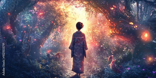 Woman in kimono walks through enchanted forest.