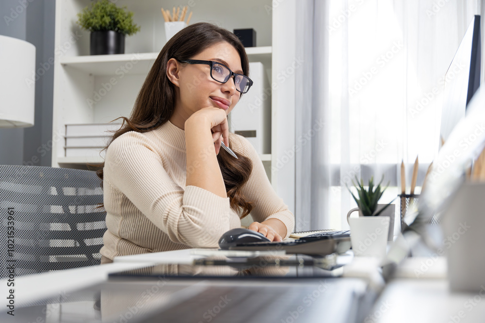 Casual outfit beautiful businesswoman searching research report on pc and writing note script to create marketing plan to analyze customer target with updated promotion at modern office. Postulate. Casual outfit beautiful businesswoman searching research report on pc and writing note script to create marketing plan to analyze customer target with updated promotion at modern office. Postulate.