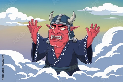 Demon in the clouds. A red-skinned demon with horns and a helmet, wearing a black robe, stands in the clouds. He appears menacing and powerful, a symbol of evil. photo