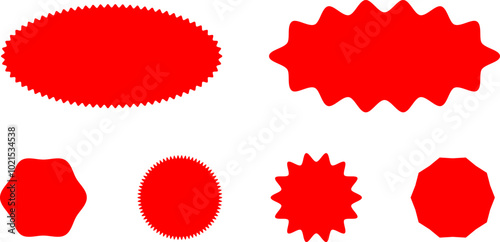 Starburst red sticker set - collection of special offer sale oval and round shaped sunburst labels and badges. Promo stickers with star edges. Vector.