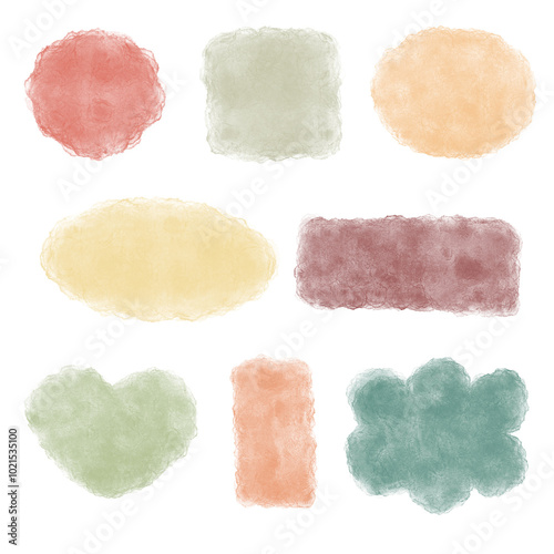Set of watercolor abstract shapes and stains on transparent background for banners and design elements.