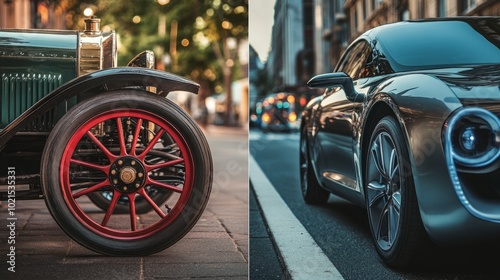 A vintage car with red wheels and a modern car side by side. The juxtaposition of the two vehicles highlights the advancements in automotive design. old vs new generation photo