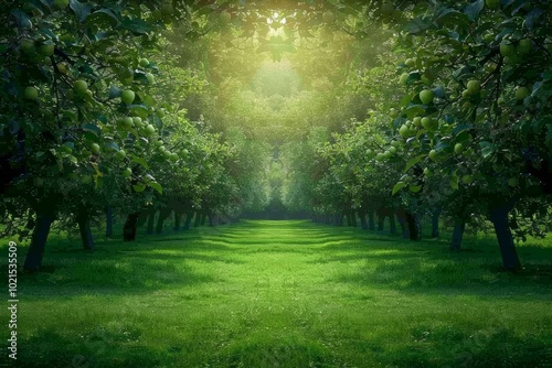 The sun shines through the green apple orchard