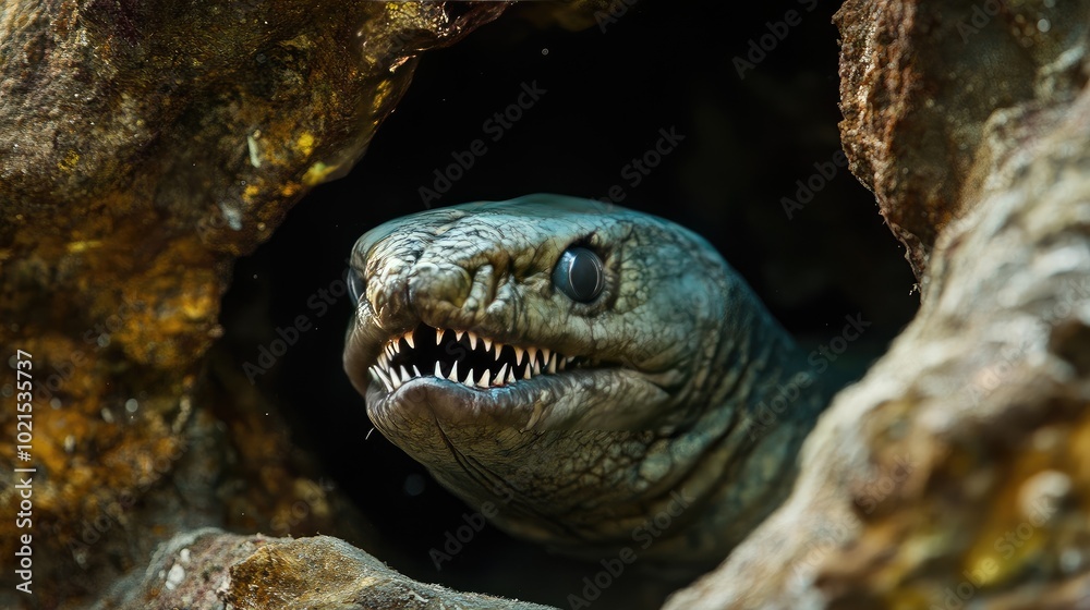 Close-up of a moray eel peeking out of a rocky crevice, its sharp teeth and smooth, green body in vivid detail. Close-up of a moray eel peeking out of a rocky crevice, its sharp teeth and smooth, green body in vivid detail.