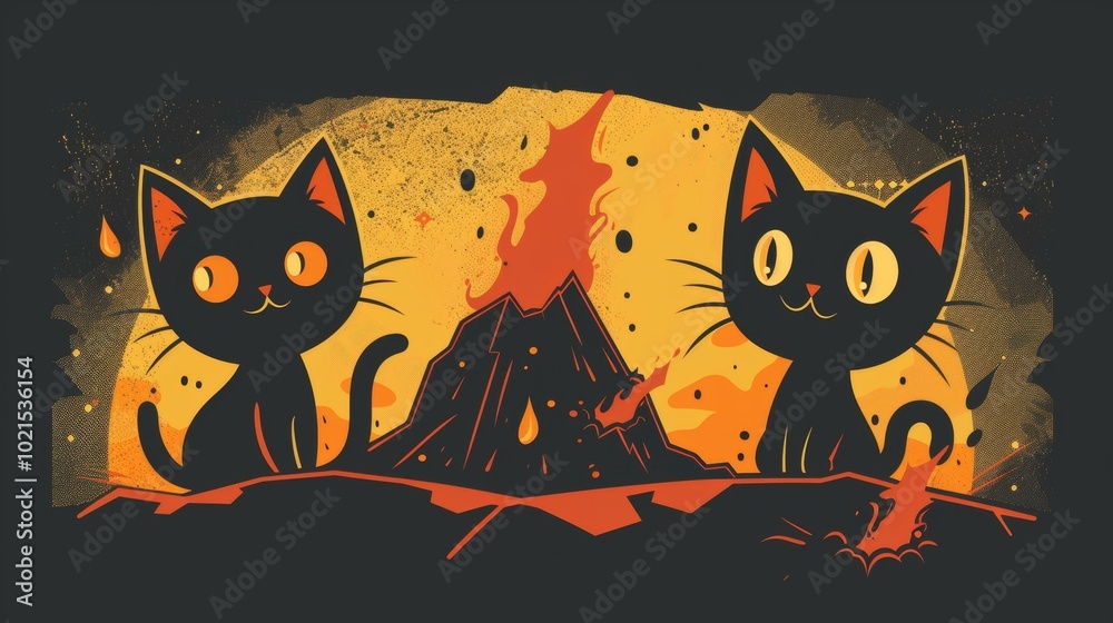 Two black cats are sitting on the edge of a cliff and looking at a volcano erupting in the distance. Two black cats are sitting on the edge of a cliff and looking at a volcano erupting in the distance.