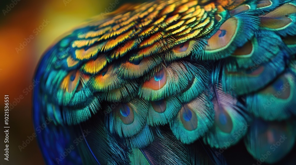 Obraz premium Close-up of a peacockas vibrant tail feathers, showing the intricate patterns and shimmering colors.
