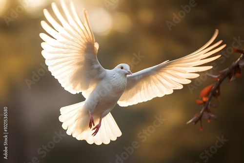 A graceful white dove captured in mid-flight with soft glowing light and warm autumn tones in the background. Ideal for themes of peace, freedom, spirituality, and nature. photo