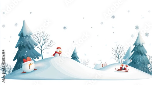 Festive Sledding Scene with Snowman and Trees photo