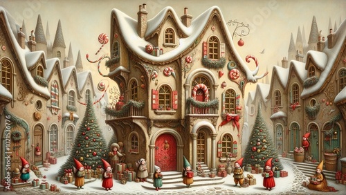 A charming, fairytale-like house designed to resemble a giant old shoe. The overall aesthetic is playful and cozy, with additional candy decorations, presents, green Christmas trees, and potted winter