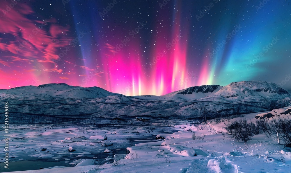 Frozen Lake Under a Vibrant Northern Lights Display Frozen Lake Under a Vibrant Northern Lights Display