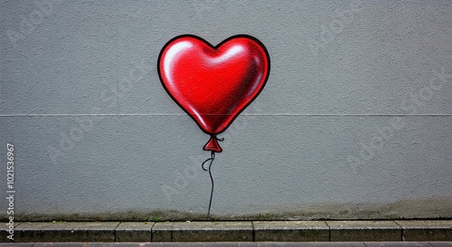 An illustration with a broken heart drawn on the wall of a building. Street art. An illustration with a broken heart red heart shaped balloon drawn on the wall of a building. Street art. Pencil sketch