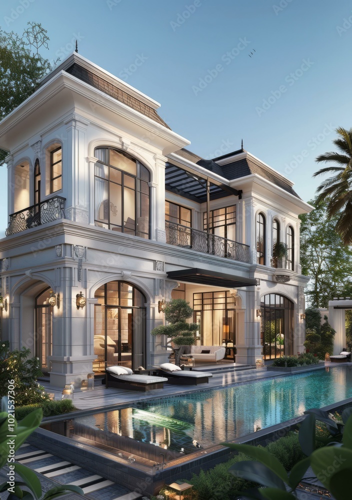 Fototapeta premium Luxury Mansion Exterior with Pool and Garden