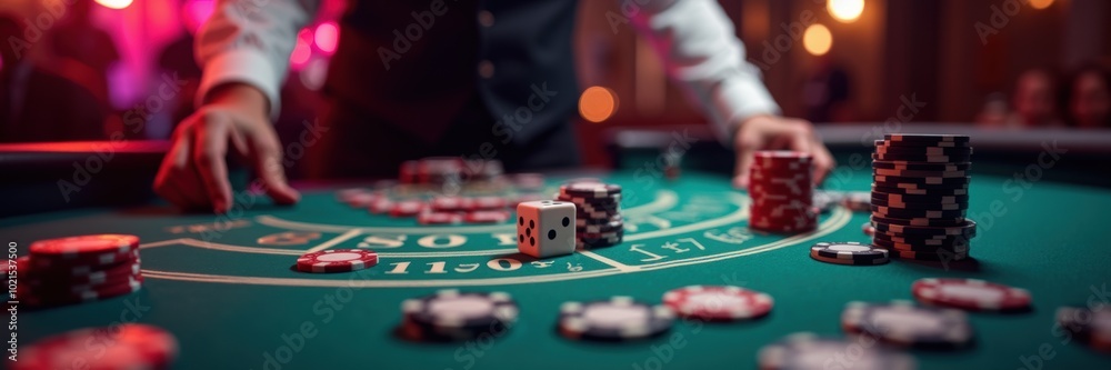 Dynamic scene of a casino table with chips and dice, capturing the excitement of gaming and nightlife. Dynamic scene of a casino table with chips and dice, capturing the excitement of gaming and nightlife.
