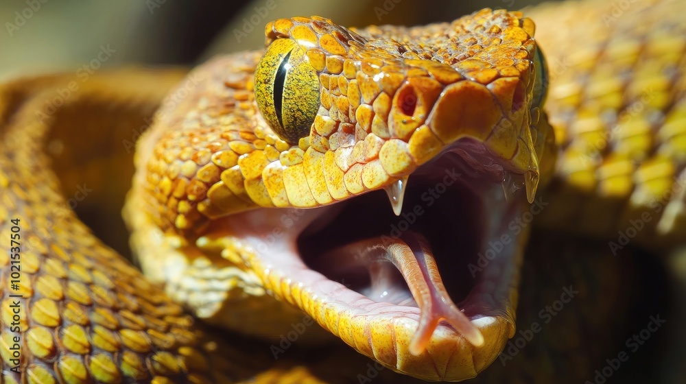Fototapeta premium Close-up of a pit viperas heat-sensing pit organs and sharp fangs, ready to inject venom.