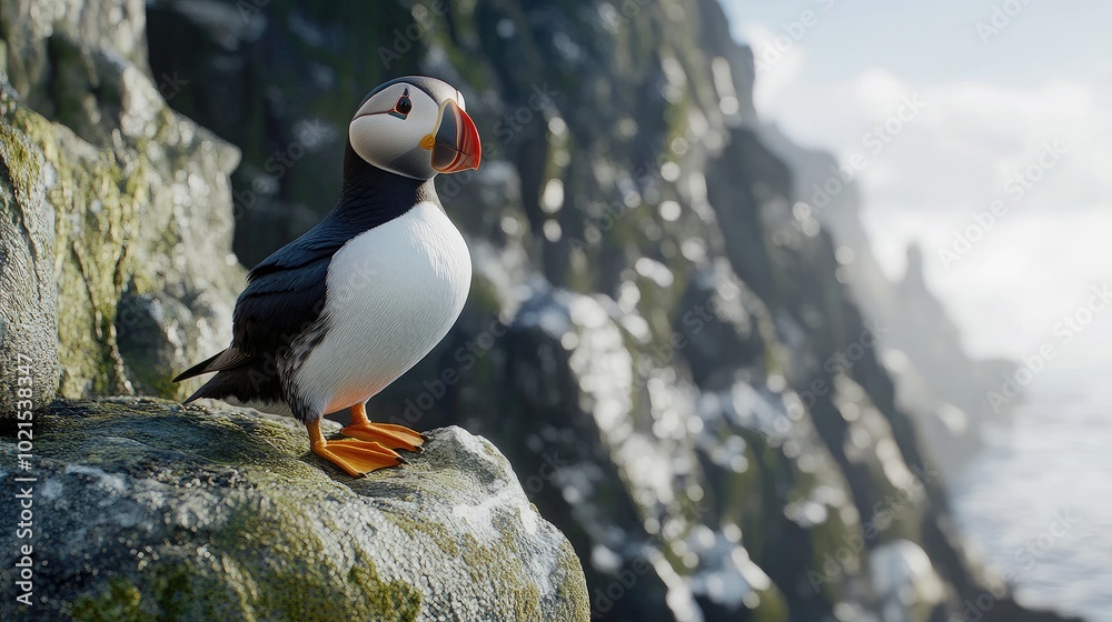 Fototapeta premium Close-up of a puffinas distinctive black and white markings and colorful beak as it perches on a rocky ledge.