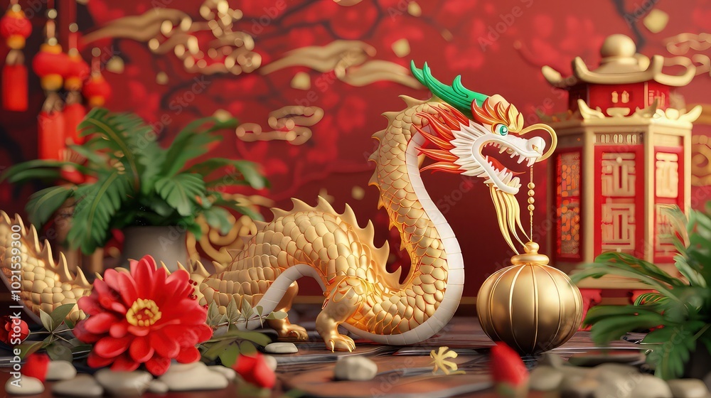 Obraz premium Mid autumn festival holiday or new year ,with ,lanterns, flower, moon, rabbit ,moon cake, tea pot and elements on background.