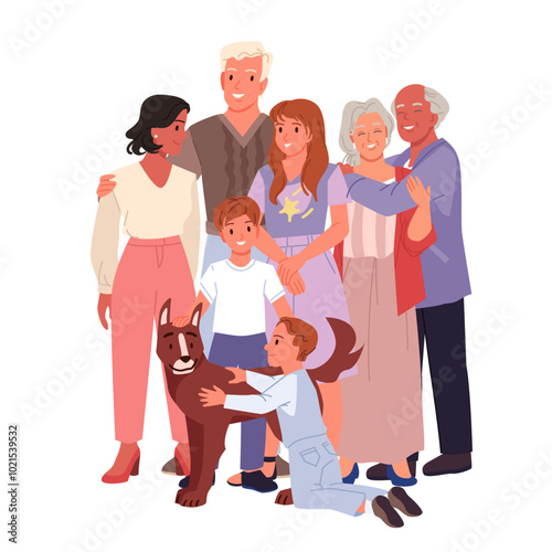 Happy big international family reunion and hugs. Father, mother and grandparents, young siblings, children and cute pet standing together with love, smile and support cartoon vector illustration