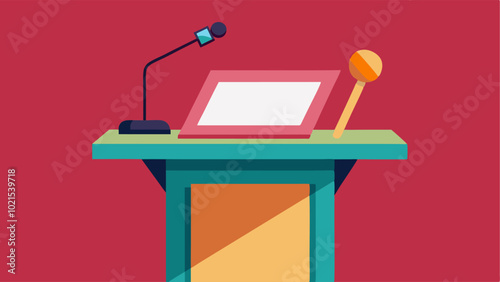 The lecturers podium is equipped with a microphone and touch screen controls.