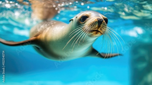 Close-up of a sea lion swimming underwater, with its whiskers and streamlined body visible as it glides playfully.